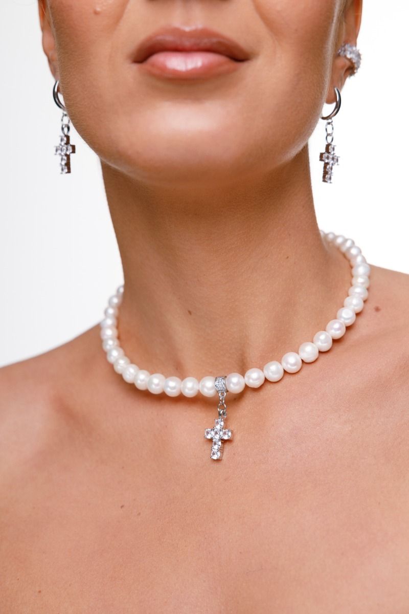 Pearl Choker with Cross — Silver-Plated
