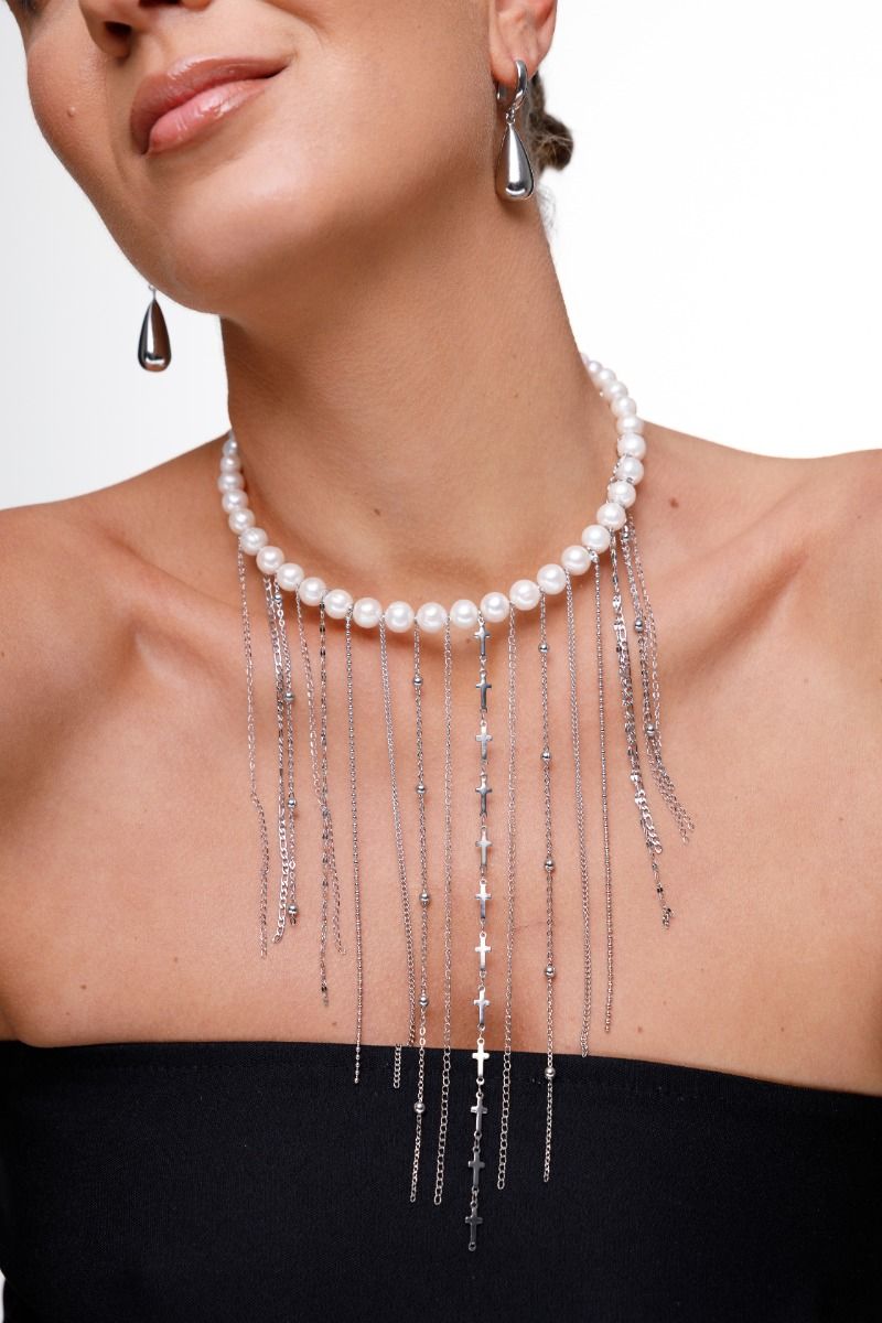Pearl Choker with Chains — Silver-Plated