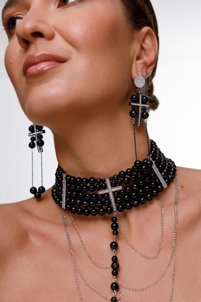 Cross Earrings — Black Agate