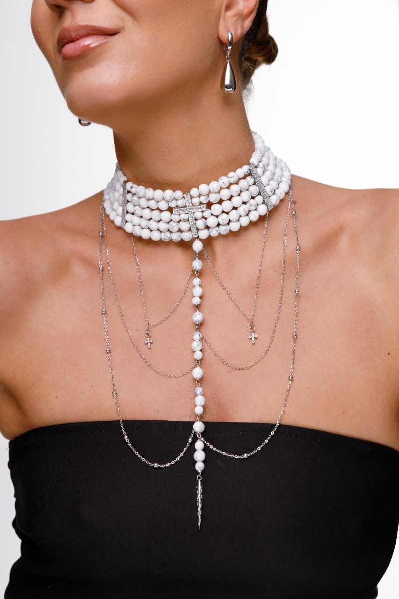 "Diana" Choker with Cross — White Howlite