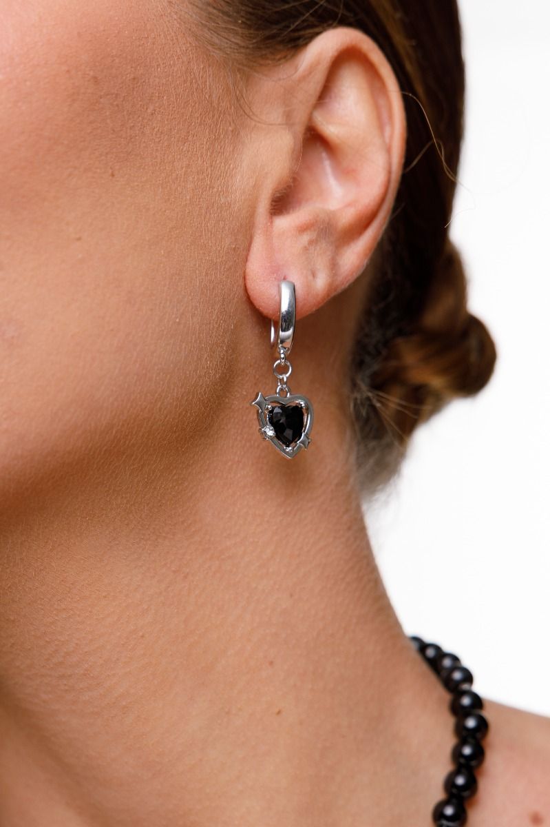 Heart Pendant Earrings with Black Zirconia — Silver-Plated