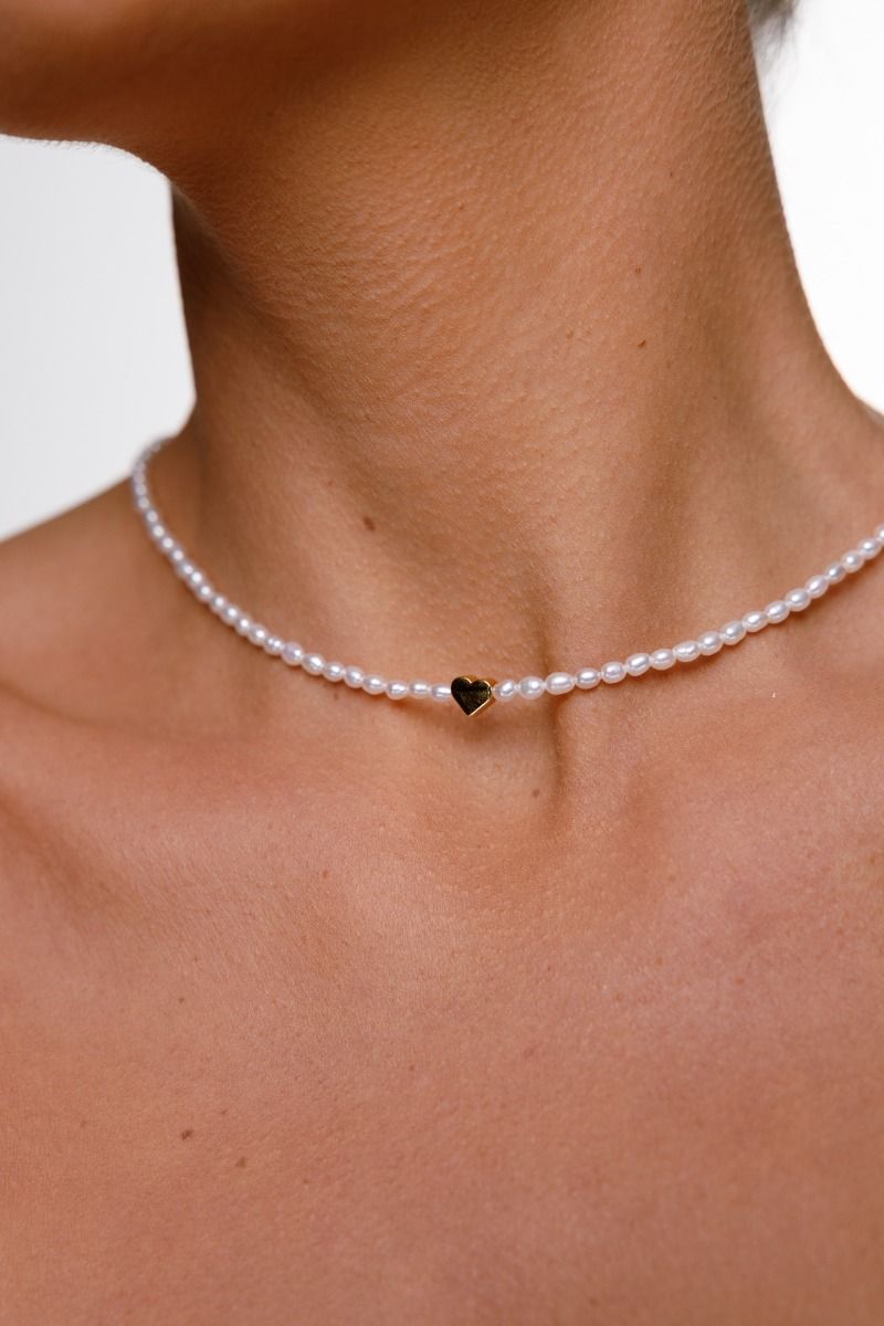 Micro-Pearl Choker with Heart — Gold-Plated