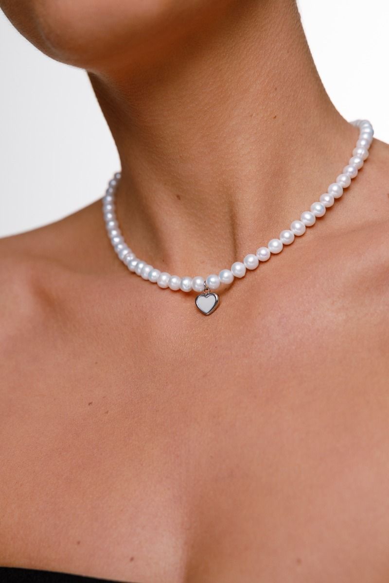 Pearl Necklace with Enamel Heart Pendant — Steel
