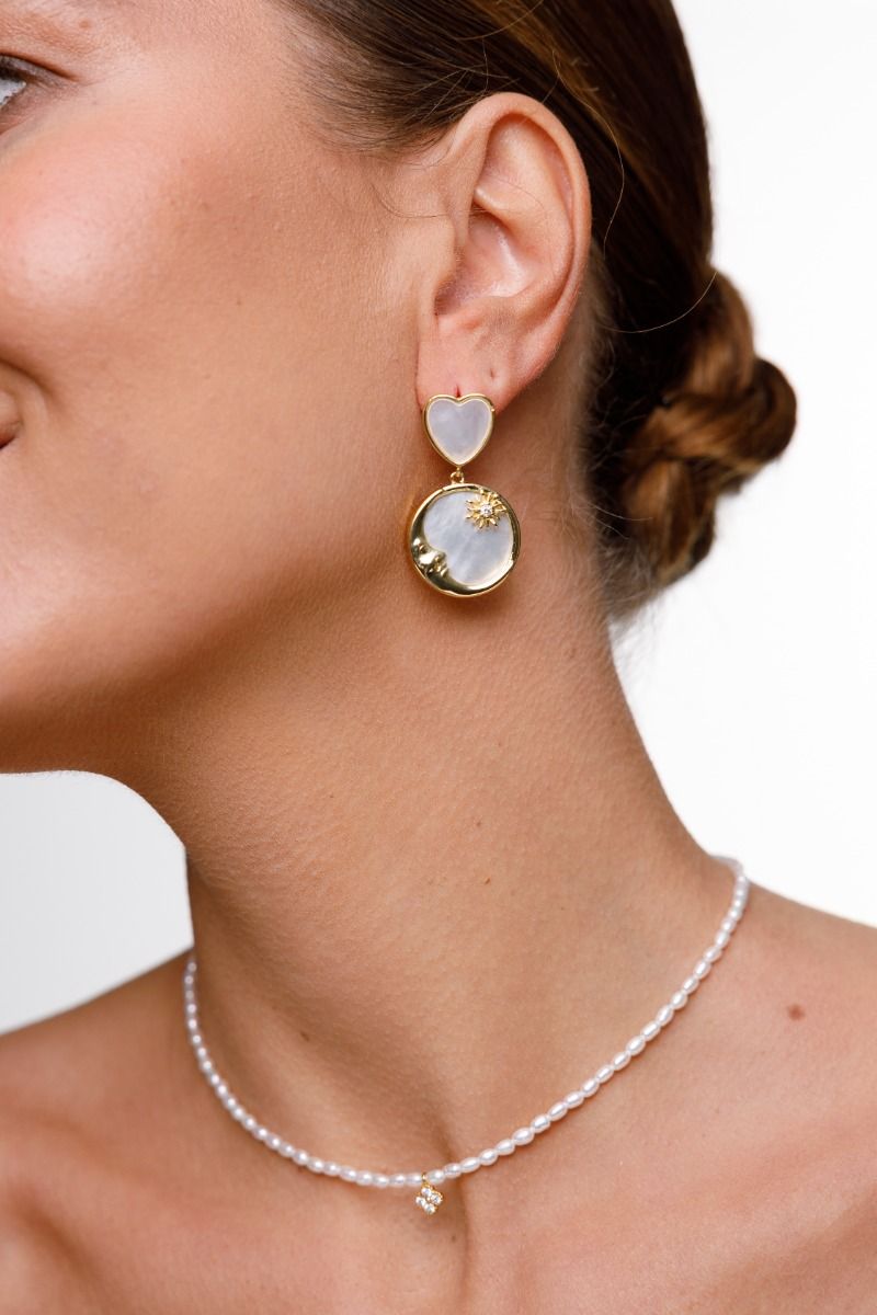 Coin Earrings — Mother of Pearl, Heart Clasp, Gold-Plated Coin Earrings — Mother of Pearl, Heart Clasp, Gold-Plated