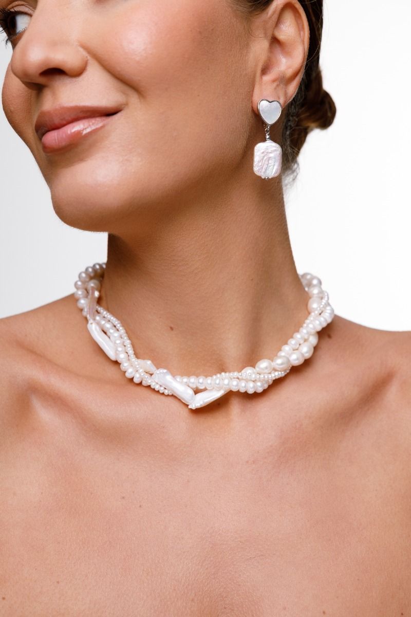 Rectangular Pearl Earrings with Heart Clasp — Silver-Plated