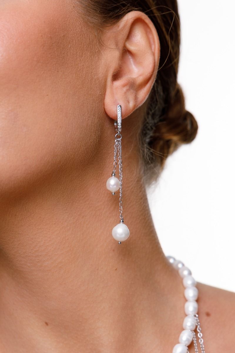 Asymmetric Chain Earrings with Pearls — Silver-Plated