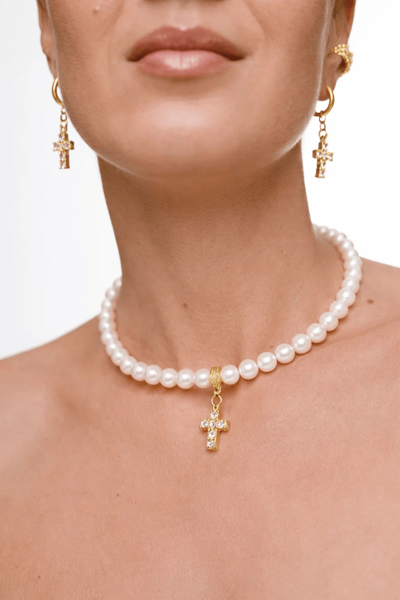 Pearl Choker with Cross — Gold-Plated