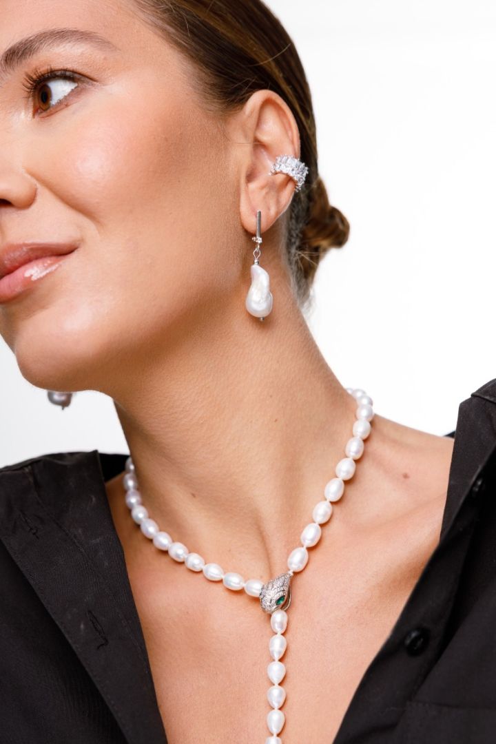 Snake Necklace with White Natural Pearls and Silver Head