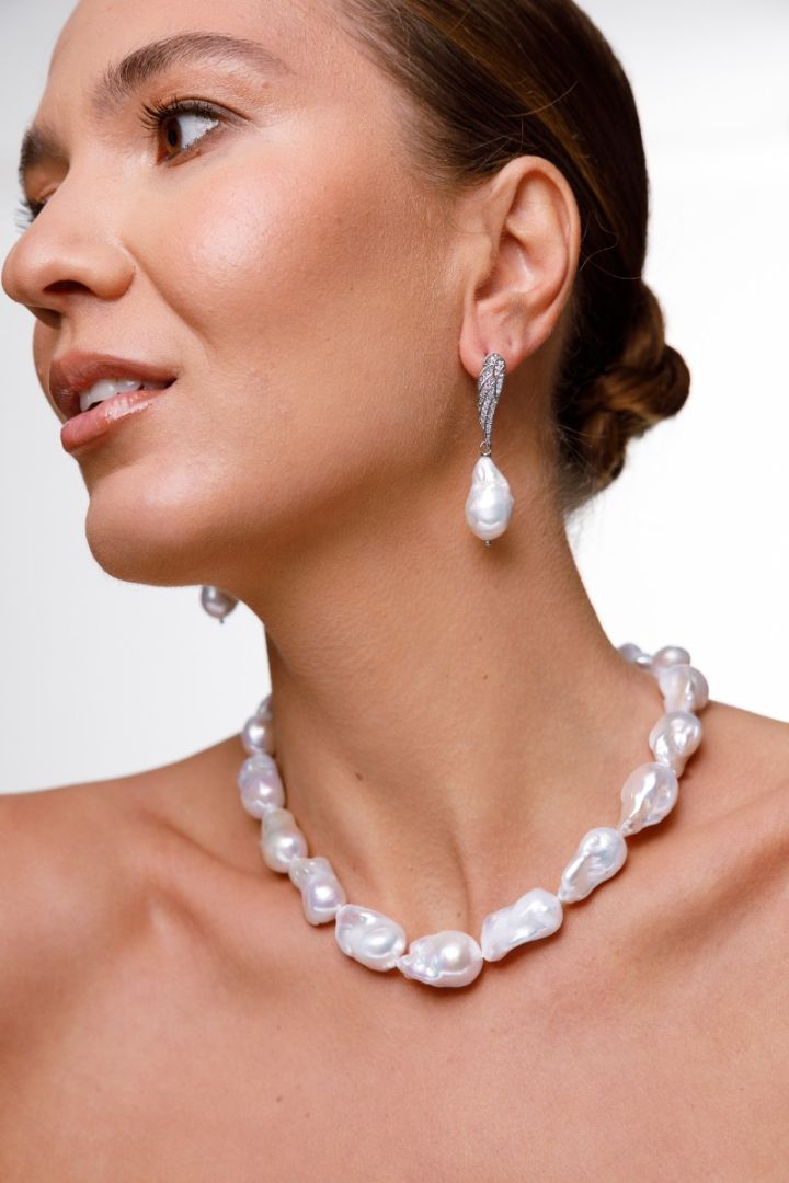 Earrings with Large Pearls, Wing Clasp (Brass, Silver Plated, Zircons)