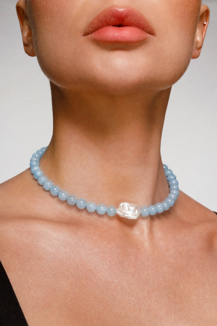Choker with Aquamarine and Kasumi Pearl