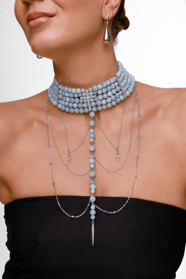 Чокер Diana, п'ятирядний з аквамарину з хрестом