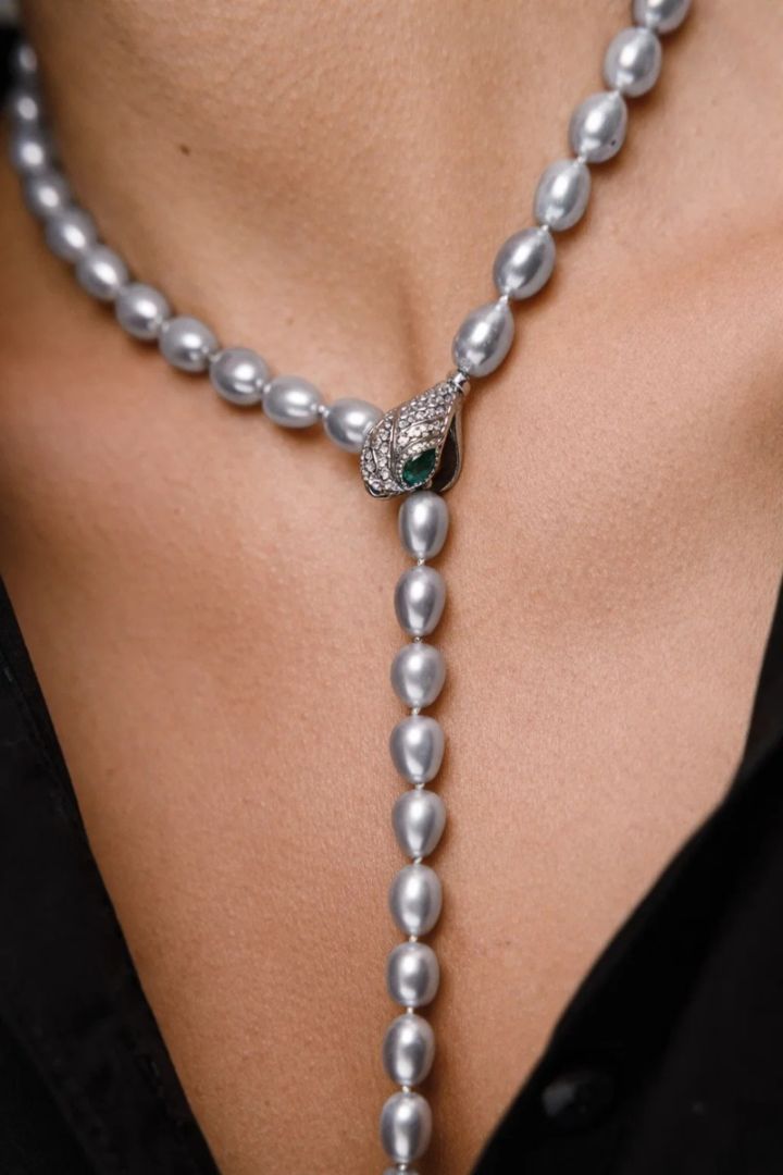 Snake Necklace with Grey Natural Pearls and Silver Head