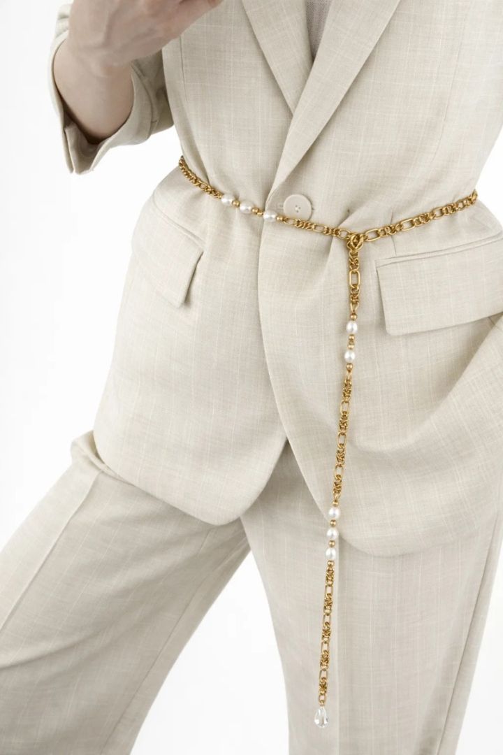 Long Chain Belt with Natural Pearls and Steel