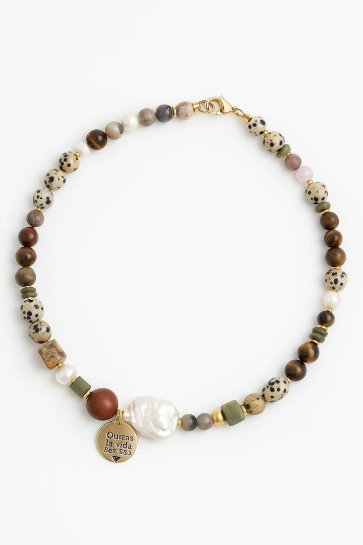 Choker "Harmony" (Dalmatian Jasper, Tiger's Eye, Jade, Wood, Pearl)