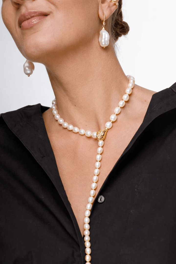 Snake Necklace with White Pearls and Gold Head